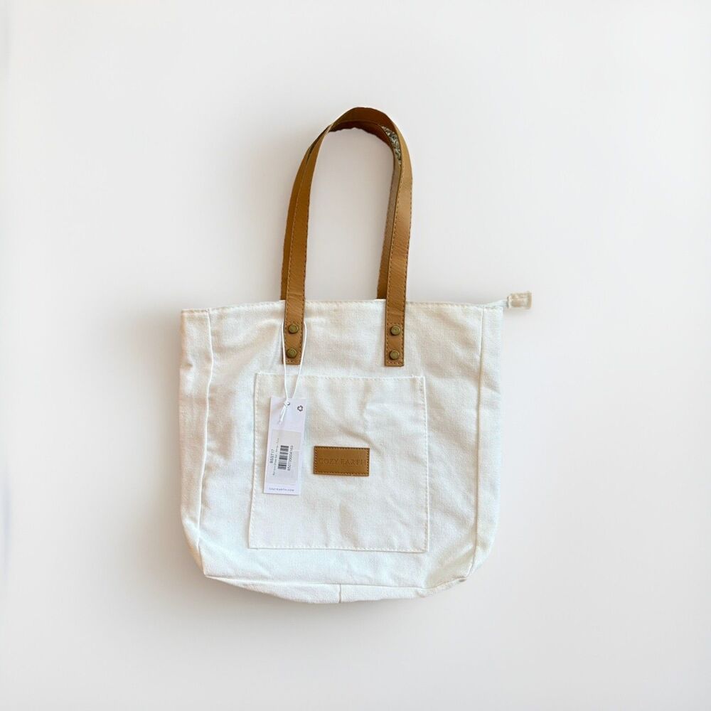 New! Cozy Earth White Canvas Zippered Shoulder Tote Bag Brown Double Handles